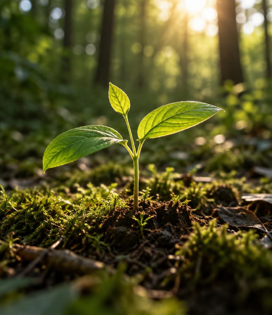 A seedling growing in a sunlit forest
